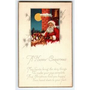 Santa Claus Christmas Postcard Saint Nick Full Moon Bell Toys Stecher Series 992
